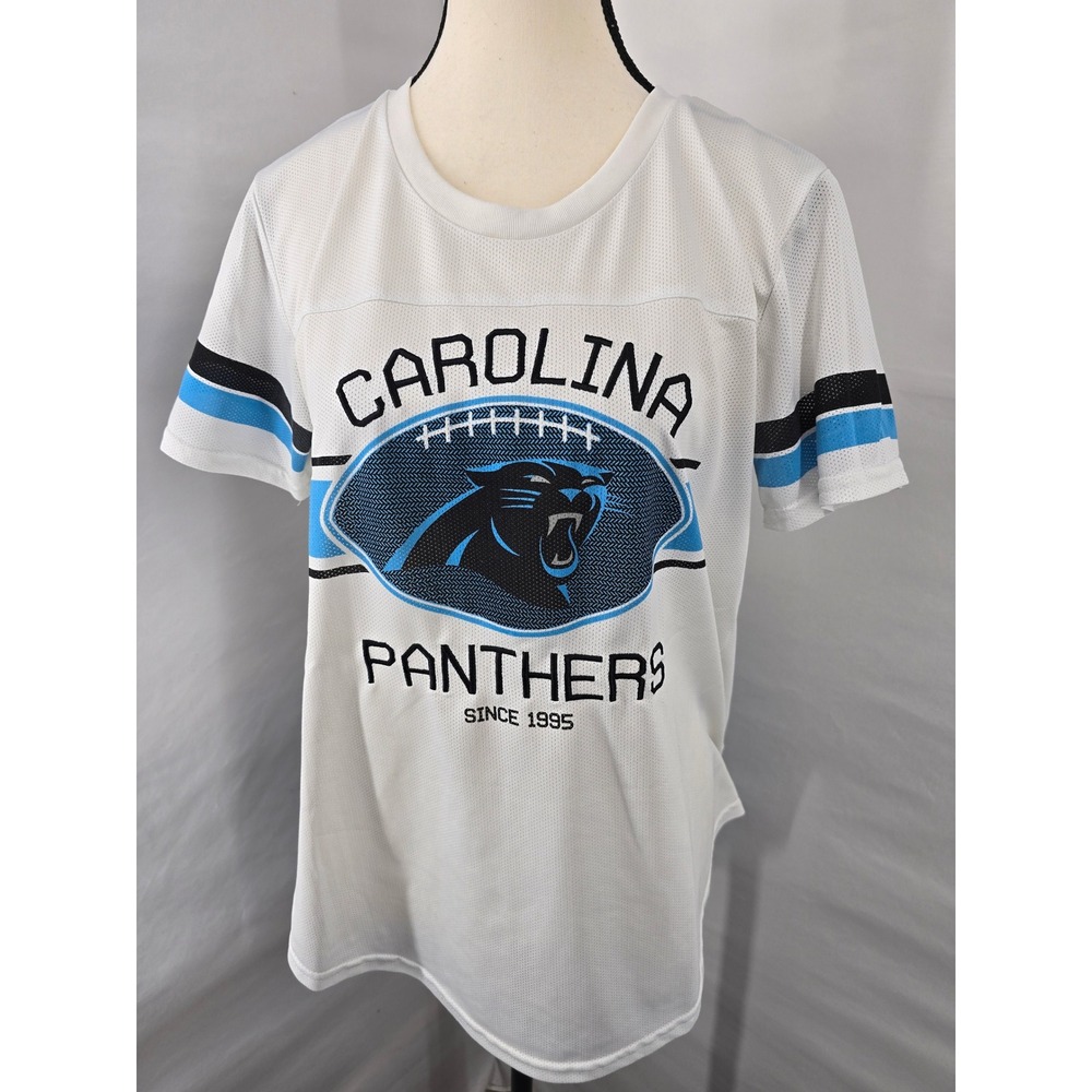 NFL Team Apparel Carolina Panthers Women White Mesh Jersey Shirt Large 2043